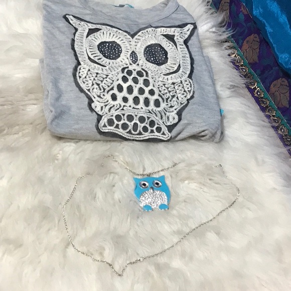 NWT Julie’s Closet OWL long sleeve shirt & metal bling owl necklace - Picture 2 of 10